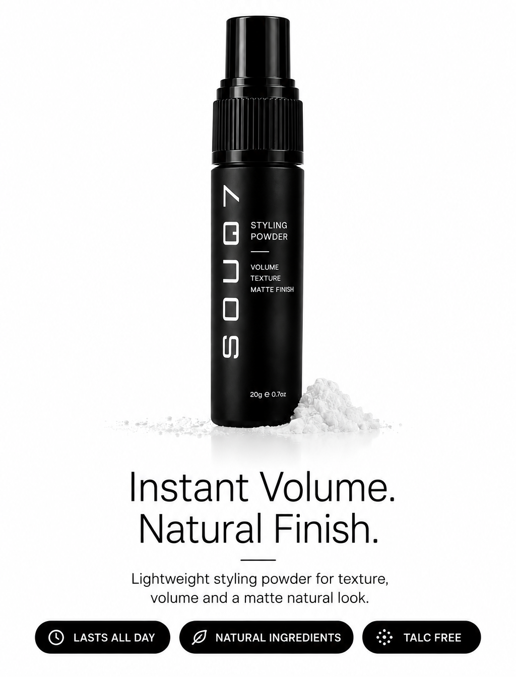 A black bottle of SOUL7 Styling Powder matte foam styled on a white background with a pile of white powder at its base. The image includes marketing text at the top and bottom, including 'OUR BEST SELLER' and 'Instant Volume.